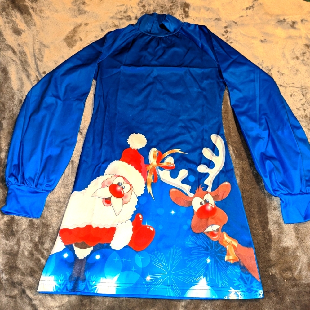 Blue Christmas Dress Santa & Rudolph